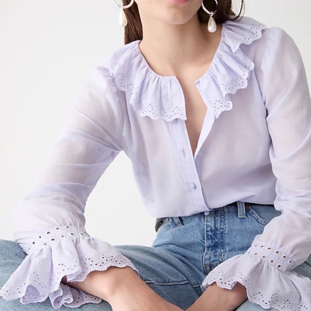 J Crew long sleeve Embroidered ruffle-collar top with eyelet light purple